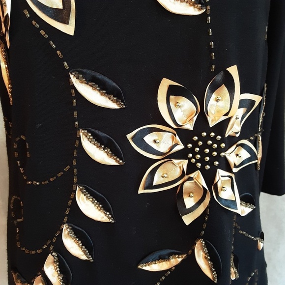 Coral Bay Black Holiday Top Gold Silk Poinsettias Beading 3/4 Sleeve Sz S - Picture 7 of 13